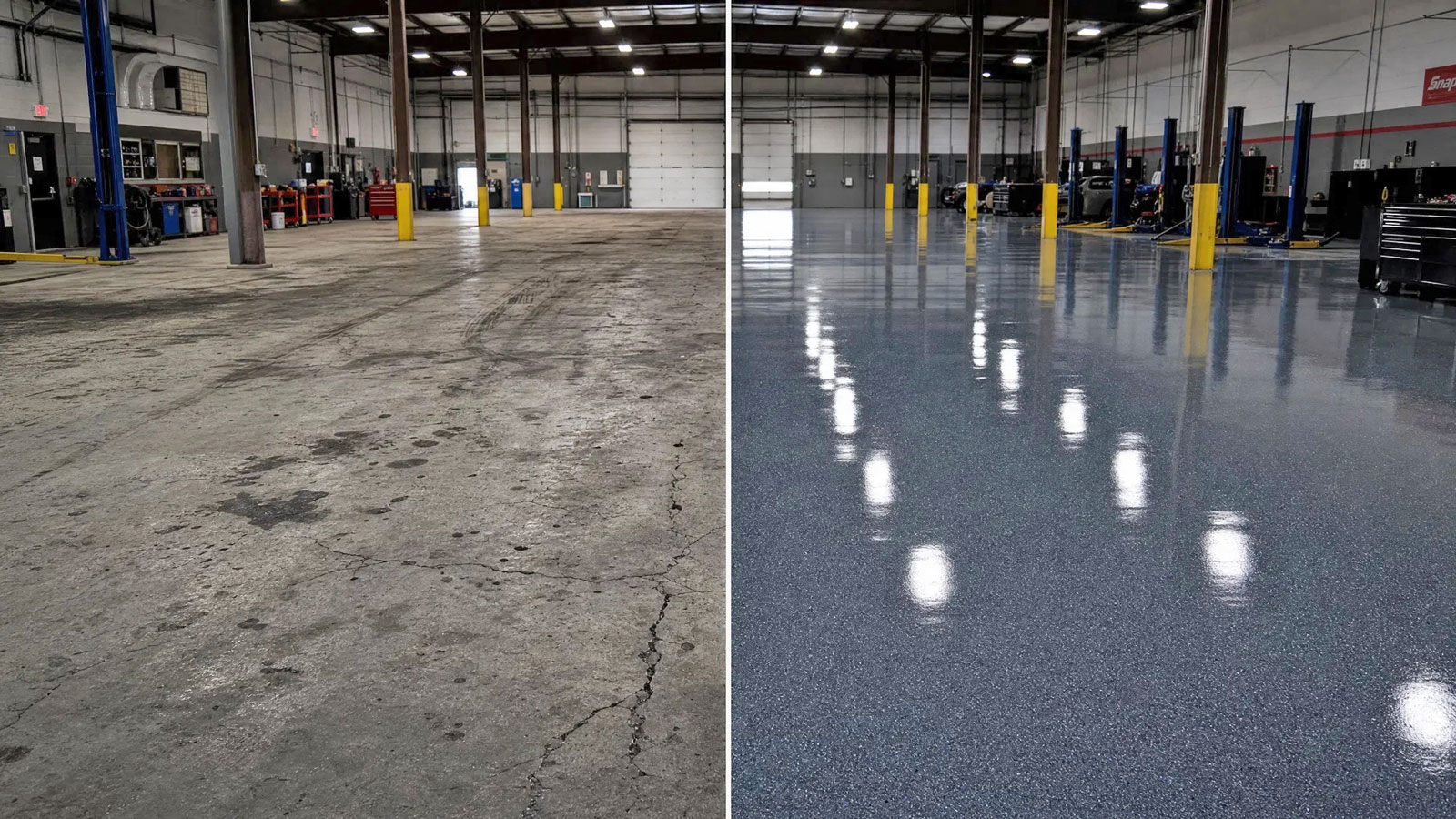 Commercial floor coating before and after — auto shop